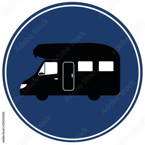 panneau pour signaler que les camping car sont autorisés à cet endroit représenter par un camping car noir dans un rond bleu sur un fond blanc