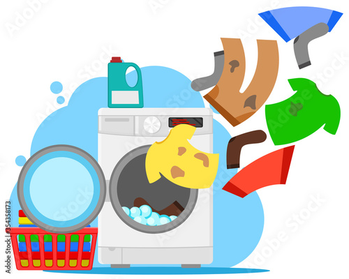 Dirty clothes flies in the washing machine on a white.