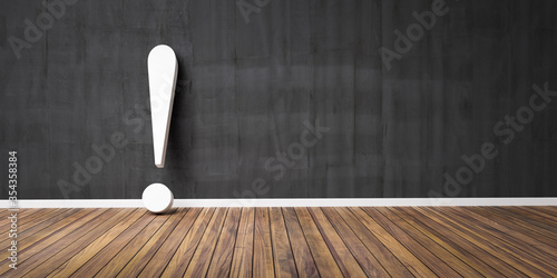 White exclamation mark on wooden floor and concrete black wall 3D Illustration Warning Concept