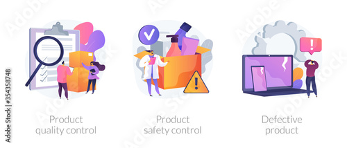 Product manufacturing abstract concept vector illustration set. Product quality and safety control, defective product testing, customer feedback, inspection, warranty certificate abstract metaphor.