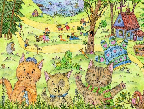 Kittens for a walk. Bright illustration in ink and colored pencils. Cute illustration for the decor and design of posters  postcards  prints  stickers  invitations  textiles and stationery.