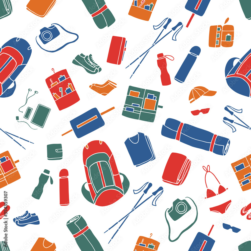 Seamless pattern of clothes and accessories for ecotour, yougatour, hiking,trekking. Vector hand drawn colorful illustration in flat style on white background.Design for packages, cards, textile. Seamless pattern of clothes and accessories for ecotour, yougatour, hiking,trekking. Vector hand drawn colorful illustration in flat style on white background.Design for packages, cards, textile.