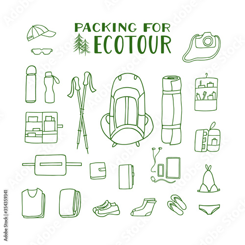 Set of clothes and accessories for  eco yoga tour  hiking  trekking. Vector hand drawn illustration in line-art style on white background. 