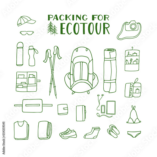 Set of clothes and accessories for  eco yoga tour, hiking, trekking. Vector hand drawn illustration in line-art style on white background. 