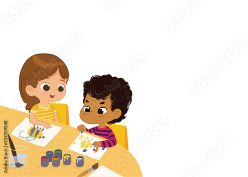Boy and Girl Draw Pictures with paints. Isolated on a White Background