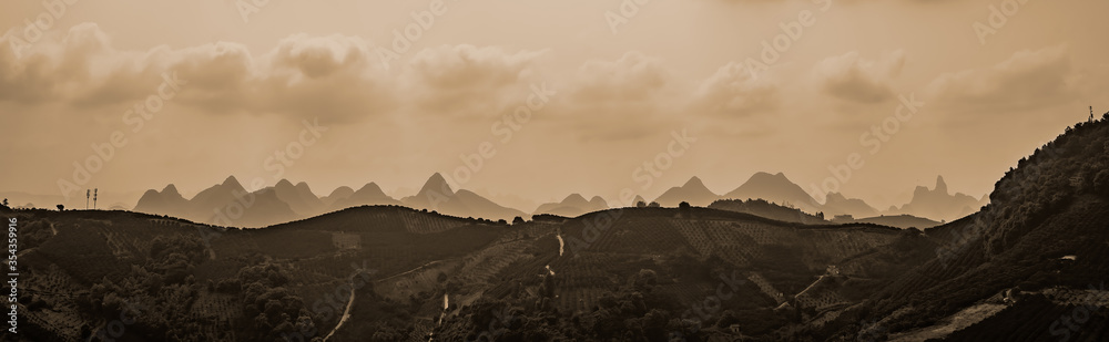 Panorama of karst peaks and mountain landscape in Yangshuo area