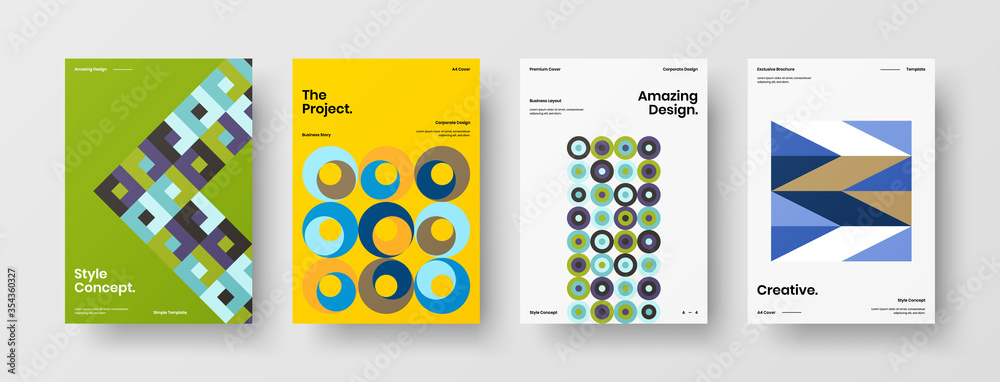 Company identity brochure template collection. Business presentation vector A4 vertical orientation front page mock up set. Corporate report cover abstract geometric illustration design layout bundle. Company identity brochure template collection. Business presentation vector A4 vertical orientation front page mock up set. Corporate report cover abstract geometric illustration design layout bundle.