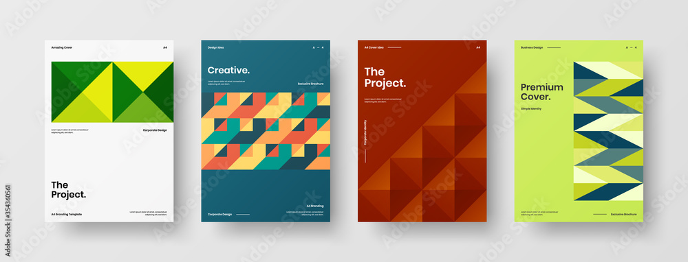 Obraz premium Company identity brochure template collection. Business presentation vector A4 vertical orientation front page mock up set. Corporate report cover abstract geometric illustration design layout bundle.