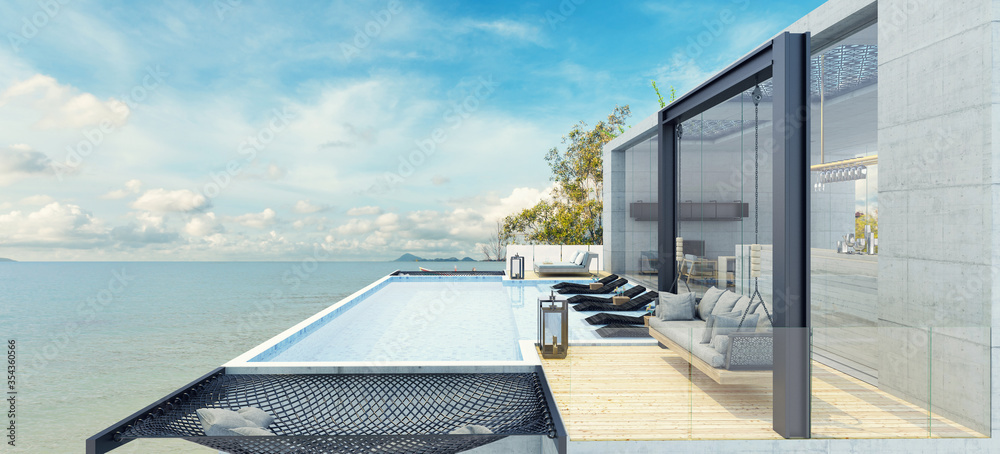 Obraz premium Modern beautiful house with a swimming pool, sea view, blue and white concept,3d render
