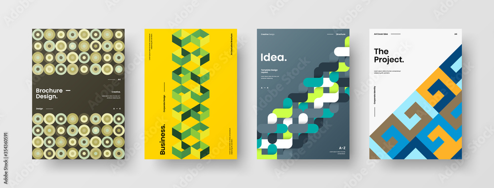 Company identity brochure template collection. Business presentation vector A4 vertical orientation front page mock up set. Corporate report cover abstract geometric illustration design layout bundle. Company identity brochure template collection. Business presentation vector A4 vertical orientation front page mock up set. Corporate report cover abstract geometric illustration design layout bundle.