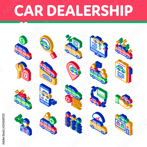 Car Dealership Shop Icons Set Vector. Isometric Car Dealership Agreement And Document, Auto Salon And Building, Key And Gps Mark Illustrations