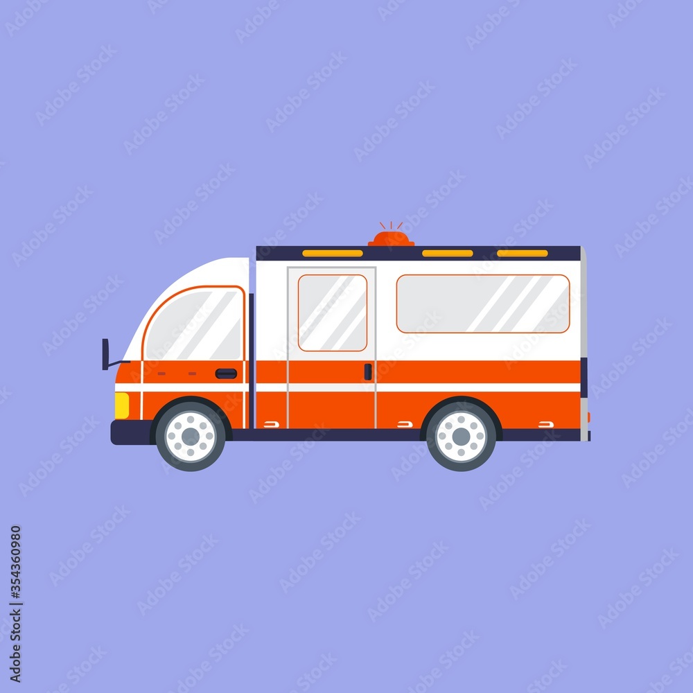 Medical healthcare service auto vehicle, city emergency transport. Ambulance car isolated on blus background. Vector illustration