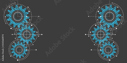 Technical drawing of gears on a black background.Engineering Technology Project. Industrial mechanics Vector illustration.	