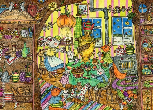 Hares and squirrel are sitting in the kitchen. Bright watercolor and ink illustration. Cute illustration for the decor and design of posters, postcards, prints, stickers, invitations, textiles.
