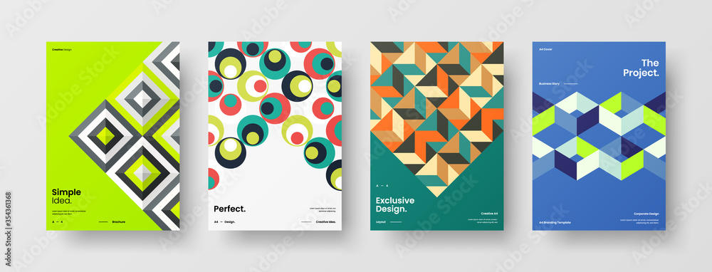 Company identity brochure template collection. Business presentation vector A4 vertical orientation front page mock up set. Corporate report cover abstract geometric illustration design layout bundle.