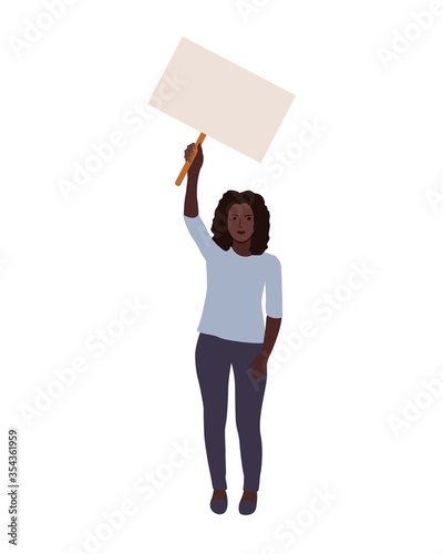 black woman hold blank poster in hand, activist. vector illustration