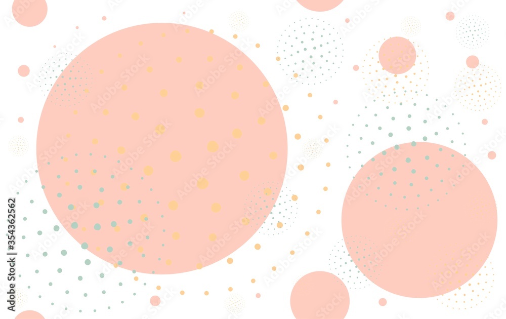 Abstract pattern with pink circles and dots on a white background, yellow, blue colors, vector illustration for design and decoration, banner, poster, template, postcard, card, print Abstract pattern with pink circles and dots on a white background, yellow, blue colors, vector illustration for design and decoration, banner, poster, template, postcard, card, print