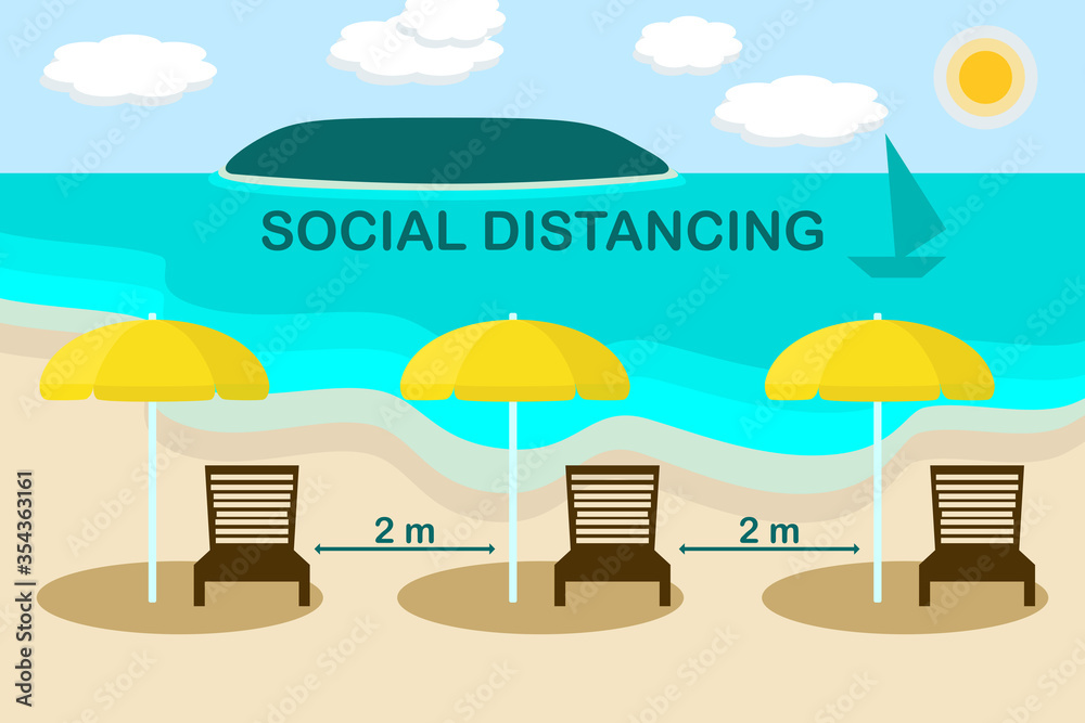 Social distancing icon.Keep Safe Distance 2 m chair and umbrella on
