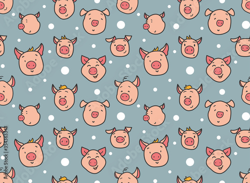 Cute pigs seamless pattern. Baby background design for fabric or wrapping paper. Pink seamless cartoon little pig texture on blue. Hand drawn vector comic illustration for kids design