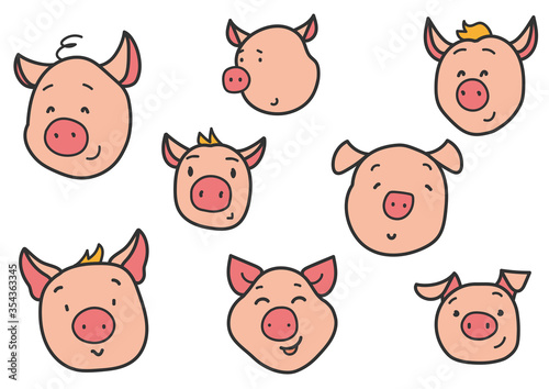 Cute pig face set different expression. Funny little pigs isolated on white background. Hand drawn vector line illustration for kids design