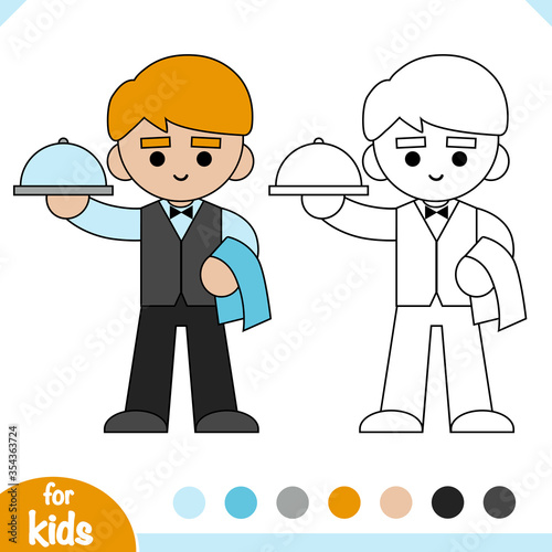 Coloring book, Waiter with a napkin and a dish in hands