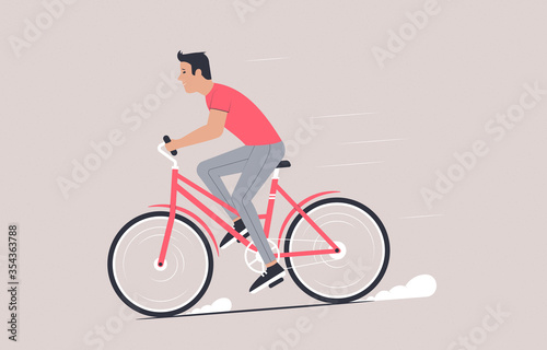 Man on a bicycle. Happy young man rides a bicycle fast. Flat vector illustration.