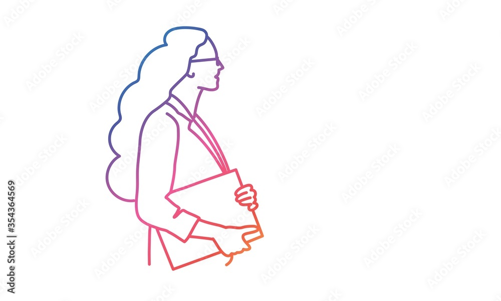 Business woman with folder. Profile. Rainbow colors in linear vector illustration. Business woman with folder. Profile. Rainbow colors in linear vector illustration.