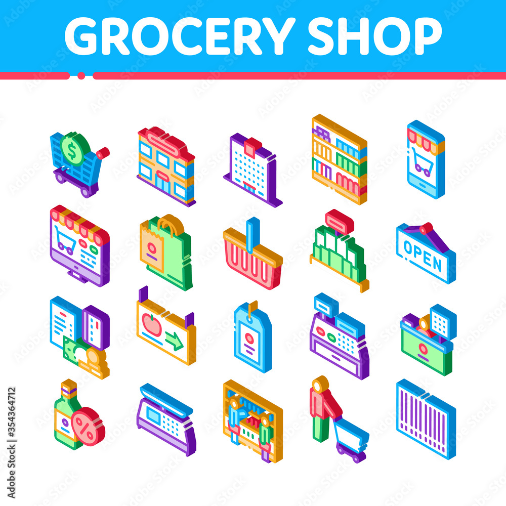 Fototapeta premium Grocery Shop Shopping Icons Set Vector. Isometric Internet Grocery Shop Or In Super Market, Scales And Cash Machine Illustrations