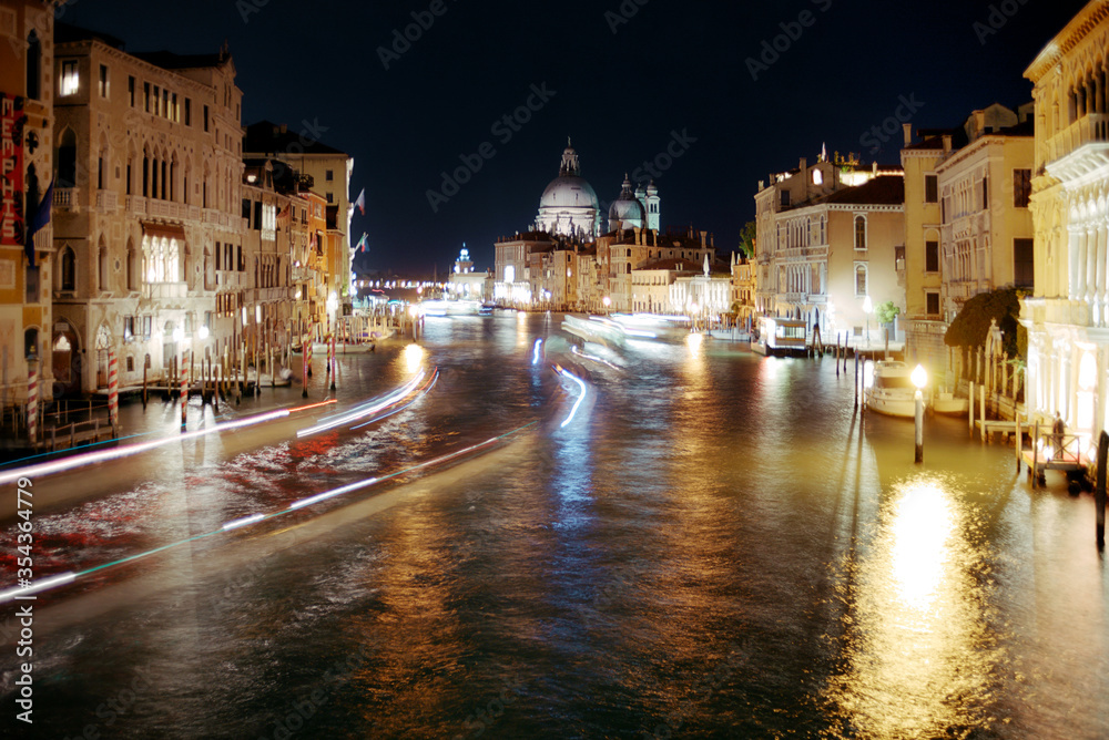 Night view of the Grand Canal in Venice, Italy. 