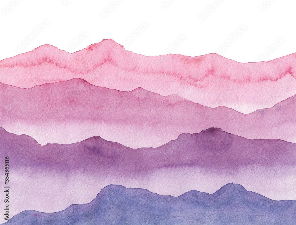 Watercolor hand drawn illustration with pink and violet waves mountains. Watercolor hand drawn illustration with pink and violet waves mountains.