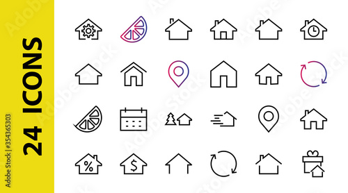 Simple set of line vector home icons. Contains house symbols at interest, infuse house and more. Editable stroke. 480x480 pixels perfect