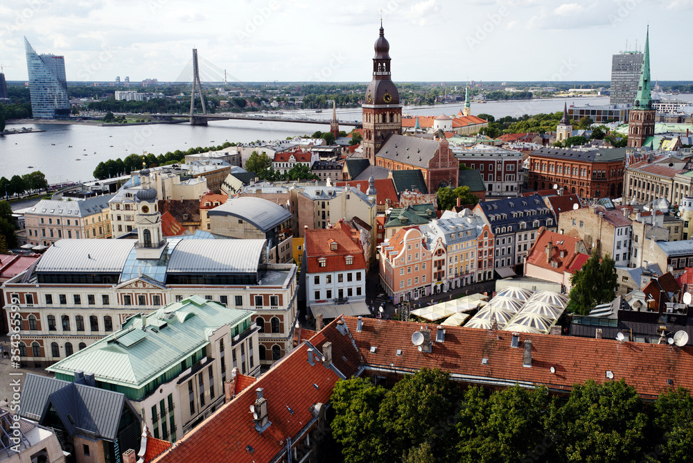 Obraz premium Riga, Latvia - August 07, 2018. View from the observation deck of St. Peter's Church in Riga.