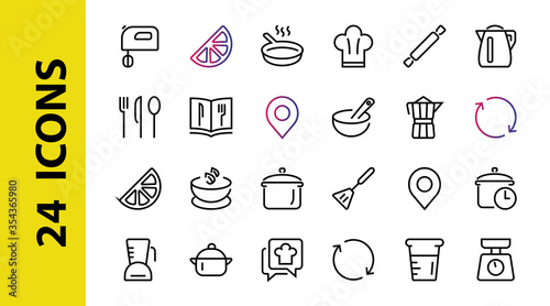 Set of icons for cooking and kitchen, vector lines, contains icons such as a knife, saucepan, boiling time, mixer, scales, recipe book. Editable stroke, perfect 480x480 pixels, white background