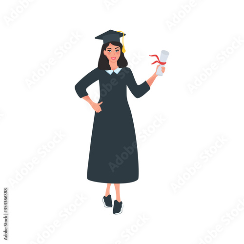 The girl graduate in academic dress with diploma. Vector illustration of the Magister's mantle