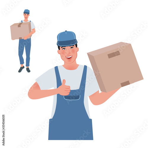 Guy loader holds the box and shows a gesture all right. Vector illustration of hard work man