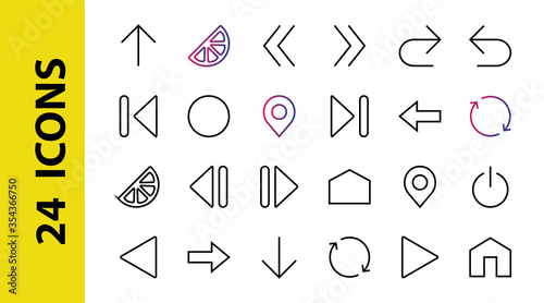 Set of line arrows, directions, arrows, contains icons such as pause, continuation, directly, to the right, Editable stroke. 480x480, On a white background, Vector illustration