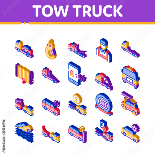 Tow Truck Transport Icons Set Vector. Isometric Tow Truck Evacuating And Transportation Broken Car, Winch And Hook Illustrations