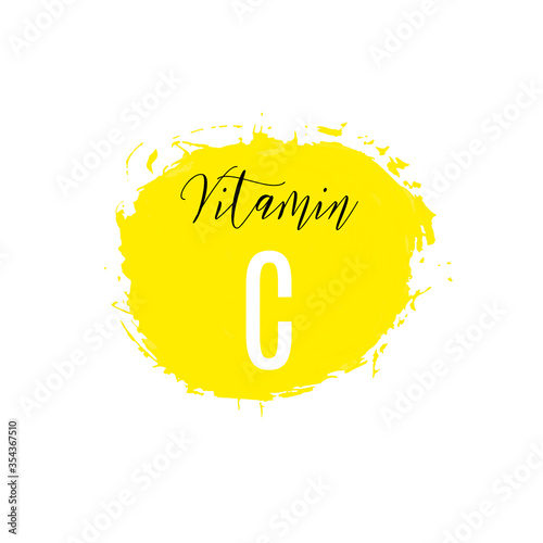 Vitamin C watercolor logo. Yellow ink splash, brush stroke, spot with hand drawn lettering icon, vector illustration. Meds for heath ads, treatment cold flu fresh concept. Modern calligraphy badge.