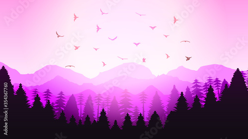 Pink Forest Background Vector Silhouette With Mountains And Birds