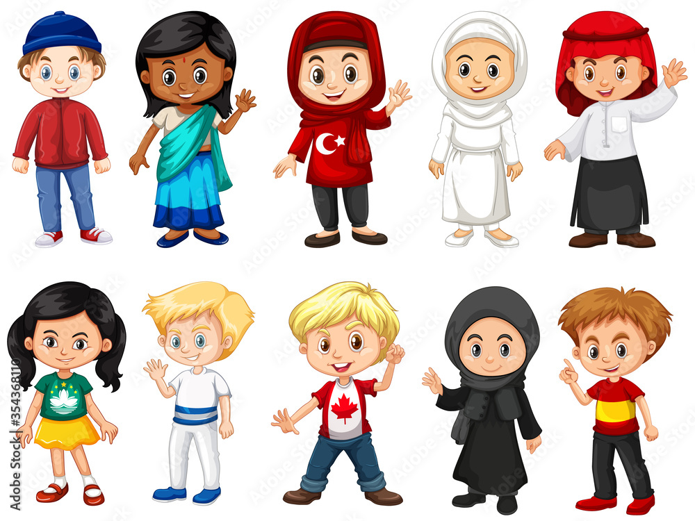 Happy Kids Cartoon Collection Set. Multicultural children in different positions isolated on white background
Happy Kids Cartoon Collection Set. Multicultural children in different positions isolated on white background