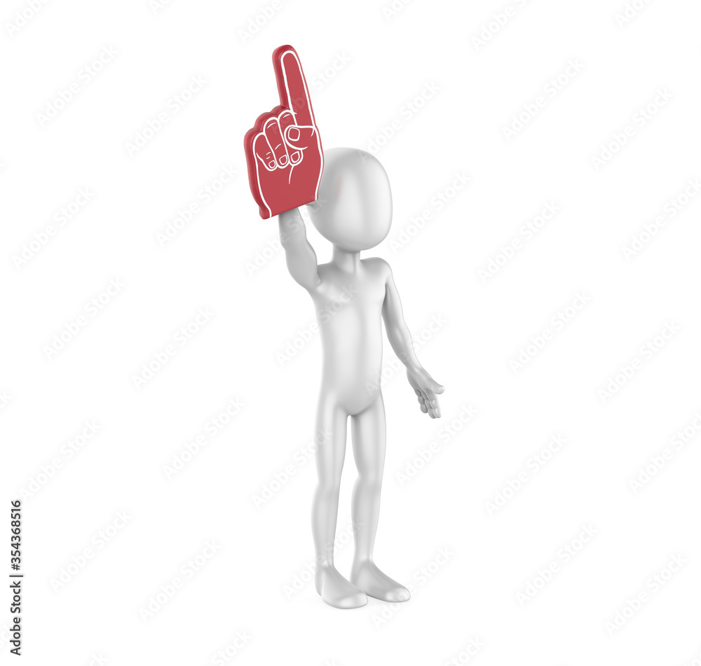 3d man have a Fan Foam Hand in one hand on white background. 3d illustration