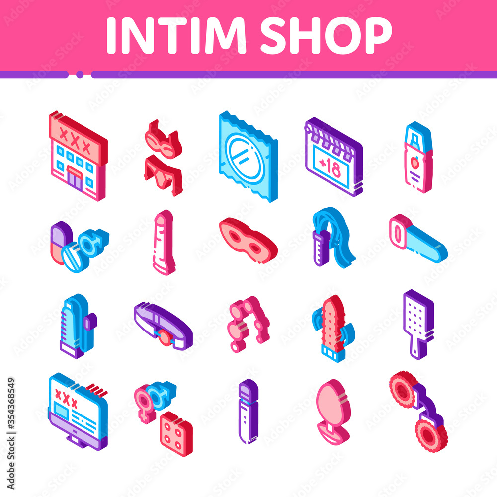 Intim Shop Sex Toys Icons Set Vector. Isometric Intim Shop Building And Internet Web Site, Collar And Handcuffs, Mask And Condom Illustrations Intim Shop Sex Toys Icons Set Vector. Isometric Intim Shop Building And Internet Web Site, Collar And Handcuffs, Mask And Condom Illustrations