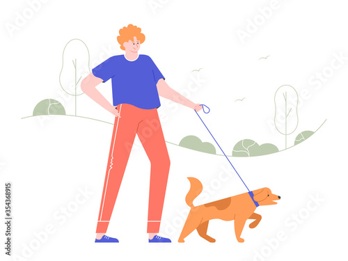 A man walks with a dog in the forest or park. Solo outdoor activity. Vector flat illustration with character.