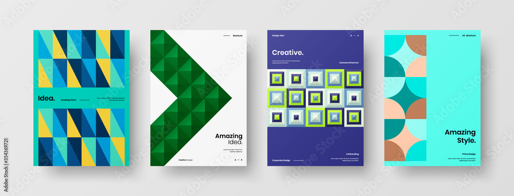 Naklejka premium Company identity brochure template collection. Business presentation vector A4 vertical orientation front page mock up set. Corporate report cover abstract geometric illustration design layout bundle.