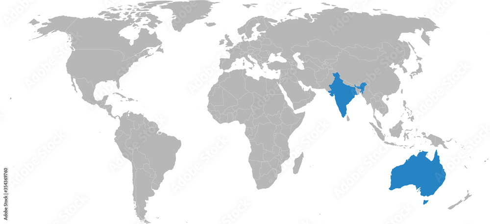 India, Australia isolated on world map. Light gray background. Business concepts, diplomatic, trade and transport relations.