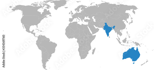 India  Australia isolated on world map. Light gray background. Business concepts  diplomatic  trade and transport relations.