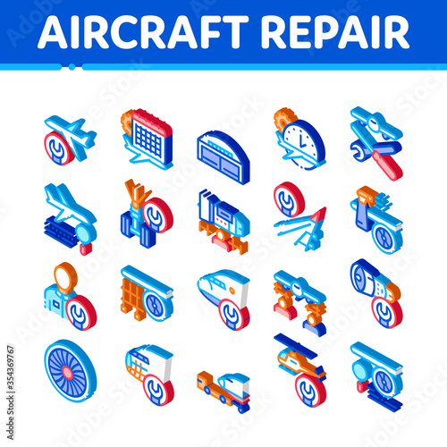 Aircraft Repair Tool Icons Set Vector. Isometric Aircraft Engine And Chassis, Helicopter And Airplane, Master And Hangar Illustrations