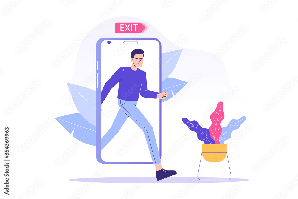 Fototapeta premium Digital Detox Concept. Happy man exiting the smartphone screen. Unplugging the phone and being offline. Staying away from stress and anxiety. Healthy lifestyle. Isolated modern vector illustration