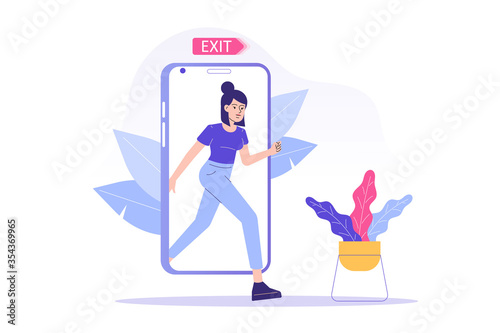 Digital Detox Concept. Happy woman exiting the smartphone screen.  Unplugging the phone and being offline. Staying away from stress and anxiety. Healthy lifestyle. Isolated modern vector illustration