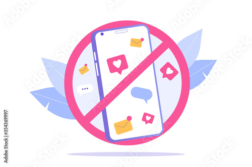 Digital Detox Concept. Unplugging the phone and being offline. Staying away from stress and anxiety. Abandoning gadgets, devices, internet. Isolated modern vector illustration for web, banner, poster